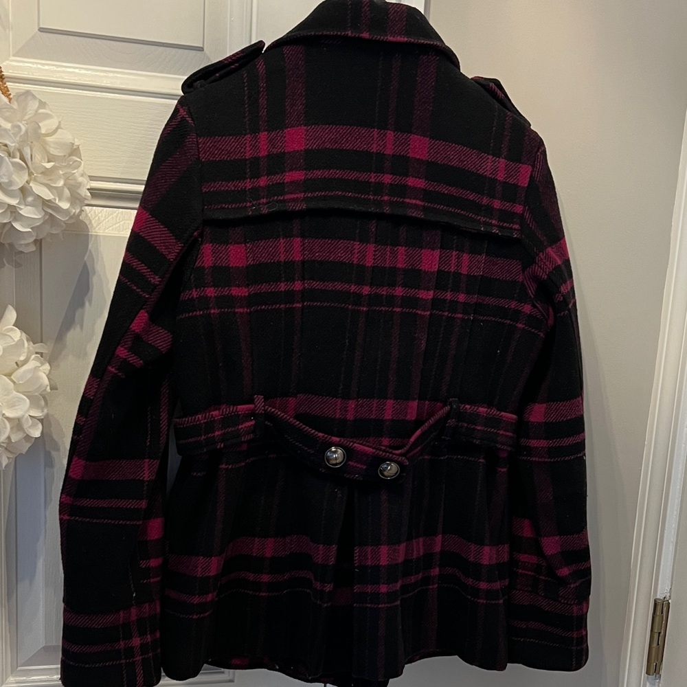 Women's Pea Coat Black & Purple Plaid Double-Breast Jacket - Picture 7 of 7
